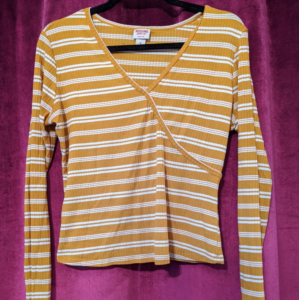Mossimo Mustard And White Striped Ribbed V-neck